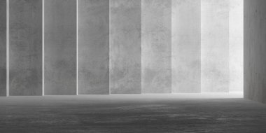 Soyut boş, modern beton oda üst üste yığılmış duvar, sağ ve kaba zeminden dolaylı aydınlatma - endüstriyel iç plan şablonu, 3 boyutlu illüstrasyon