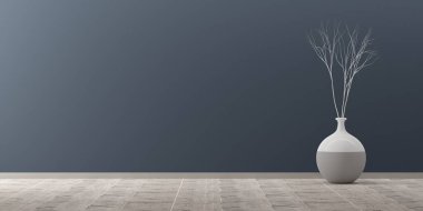 Mavi duvarlı modern boş odanın arka planı, dallı vazo ve ahşap parke zemin, kopyalama alanı, 3D görüntüleme