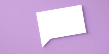 Tek, kare beyaz konuşma balonu ya da menekşe arkaplan üzerinde gölge şablonu, üç boyutlu illüstrasyon