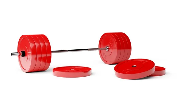 白い背景 スポーツ フィットネス 運動や重量挙げの概念 3Dイラストの前にクロムハンドルと赤いプレートとバーベル — ストック写真