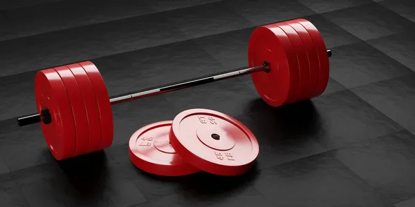 Barbell Com Punho Cromado Placas Pára Choques Vermelho Frente Chão — Fotografia de Stock