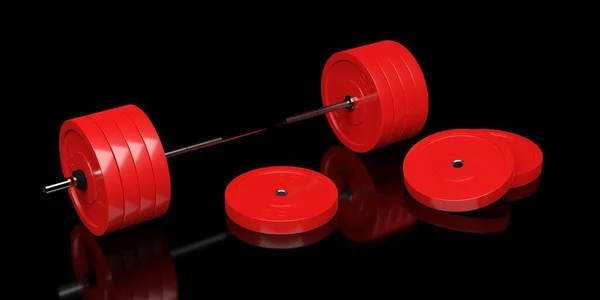 Sztanga Chromowanym Uchwytem Czerwonymi Płytkami Przodu Czarnym Tle Sport Fitness — Zdjęcie stockowe