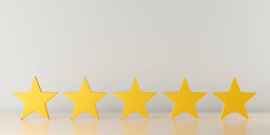 Masada beş sarı ahşap yıldız, en iyi servis veya ürün kalitesi konsepti için beş yıldız değerlendirmesi, üç boyutlu illüstrasyon