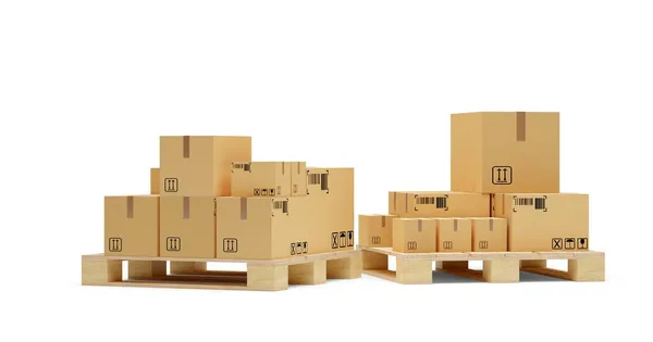 Carton Cardboard Boxes Two Wooden Pallets White Background Freight Cargo — Stock Photo, Image