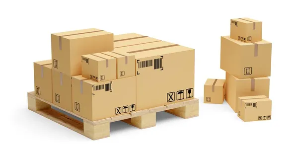 Carton Cardboard Boxes Wooden Pallet Heap Boxes White Background Freight — Stock Photo, Image