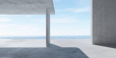 Soyut boş, modern beton dış mekan çatısı ve okyanus manzaralı - endüstriyel iç mekan şablonu, 3 boyutlu illüstrasyon