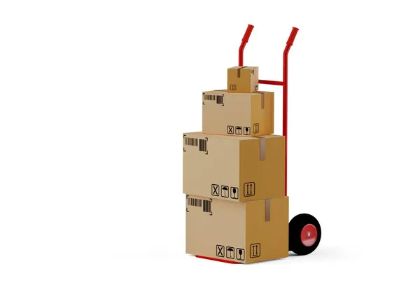 Rote Schubkarre Oder Handwagen Mit Kartons Oder Paketen Vor Weißem — Stockfoto