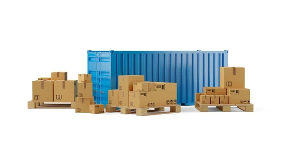 Versandcontainer Mit Kisten Oder Paketen Auf Paletten Über Weißem Hintergrund — Stockfoto
