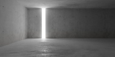 Soyut, boş, modern beton duvarlar odası arka duvarda ve kaba zeminde ışığın açılmasıyla oluşan - endüstriyel iç mekan ya da galeri arka plan şablonu, 3 boyutlu illüstrasyon