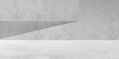 Soyut boş, modern beton duvarlar. Duvardan yansıyan güneş ışığı gölgesi olan dış oda. Endüstriyel dış plan şablonu, 3 boyutlu illüstrasyon.