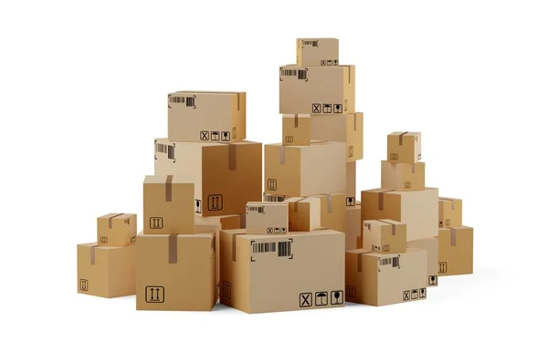 Huge Pile Cardboard Boxes Parcels Delivery Storage White Background Goods — Stock Photo, Image