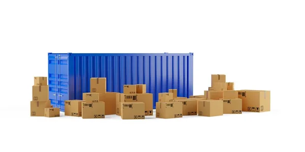 Blauer Schiffscontainer Mit Kisten Oder Paketen Auf Weißem Hintergrund Fracht — Stockfoto