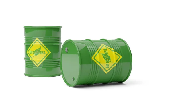 Två Gröna Biobränsle Eller Biodiesel Fat Med Logotyp Över Vit — Stockfoto
