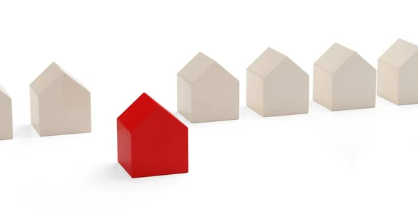Row Small Wooden Houses White Background One Red Standing Out — Stock Photo, Image