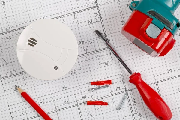 Smoke Detector Fire Alarm Sensor White Architectural Plans Background Drill — Stock Photo, Image