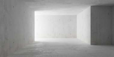 Soyut boş, modern beton oda soldan, köşeden ve sert zeminden dolaylı aydınlatma - endüstriyel iç arka plan şablonu, 3 boyutlu illüstrasyon