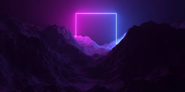Mountain Terrain Landscape Pink Blue Neon Light Glowing Rectangle Square — Stock Photo, Image