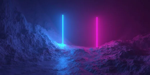 ピンクと青のネオンライト輝くラインフレーム レトロな技術や未来的なエイリアンの背景テンプレート 3Dイラストと山の地形風景 — ストック写真