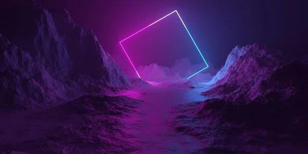 ピンクと青のネオン輝くツイスト正方形のフレーム レトロな技術や未来的なエイリアンの背景テンプレート 3Dイラストと山の地形の風景 — ストック写真