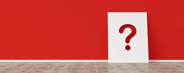 Egyedülálló Fehér Kártya Kérdőjellel Piros Falon Padlón Szoba Háttér Másolás — Stock Fotó