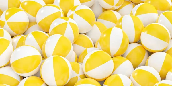 Heap Many Yellow White Striped Inflatable Toy Game Beach Balls — Stock Photo, Image