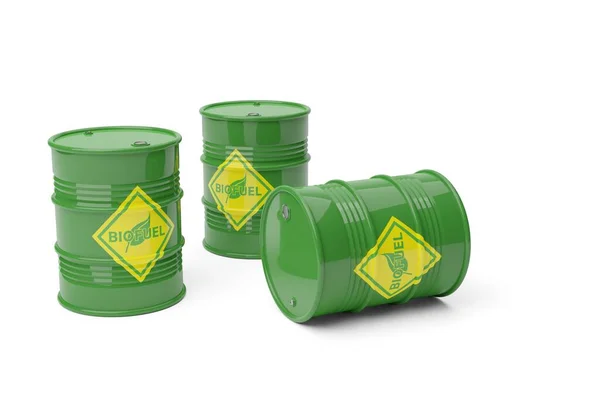 Two Green Bio Fuel Bio Diesel Barrels Standing One Lying — Stock Photo, Image