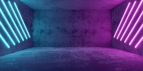 蓝色和粉色对角线网络朋克霓虹灯的抽象背景在空旷的现代混凝土房间 3D插图 — 图库照片