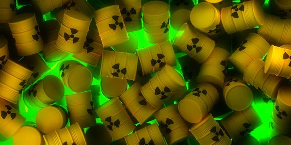 Hromada Žlutých Sudů Radioaktivního Odpadu Úložišti Nebo Konečné Skladování Zelenou — Stock fotografie