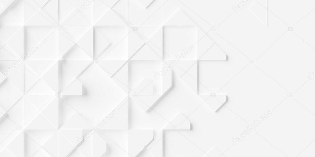 Random shifted white fading out triangles and squares geometrical background wallpaper banner pattern with copy space, 3D illustration