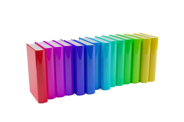 白い背景 研究や教育の概念 3Dイラスト上のハードカバー本の虹色の行 — ストック写真