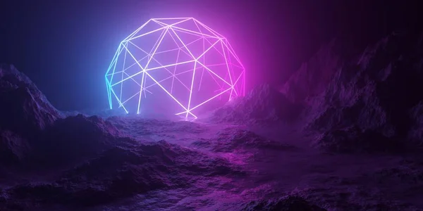ピンクと青のネオン輝く三角形ドームスフィアワイヤーフレーム レトロな技術や未来的なエイリアンの背景テンプレート 3Dイラストと山の地形風景 — ストック写真
