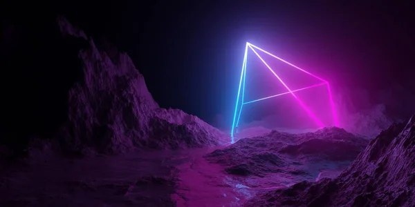 ピンクと青のネオン輝くピラミッドワイヤーフレーム レトロ技術や未来的なエイリアンの背景テンプレート 3Dイラストと山の地形の風景 — ストック写真