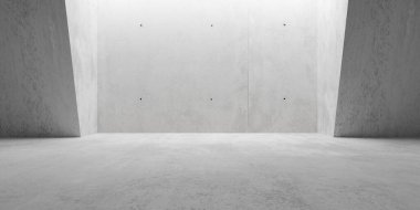 Soyut boş, modern beton duvar odası. Arka tarafında dolaylı tavan lambası açık ve eğimli duvarlar var. Endüstriyel iç mekan şablonu, 3 boyutlu illüstrasyon.