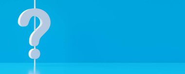 Fotokopi alanı, fikir, çözüm veya soru veya iletişim işi konsepti olan mavi oda arkaplanlı tek bir beyaz soru işareti, 3D illüstrasyon