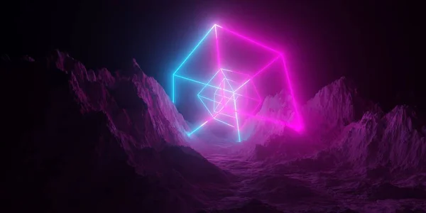 ピンクと青のネオンライトが輝く山の地形の風景複数のワイヤーフレームキューブフレーム レトロ技術や未来的なエイリアンの背景テンプレート 3Dイラスト — ストック写真