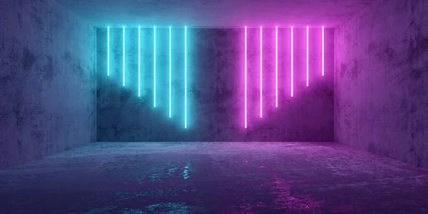 蓝色和粉色网络庞克霓虹灯抽象背景现代混凝土房间 3D插图 — 图库照片