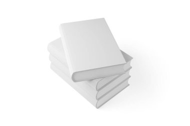 Bir dönen şablona sahip dört beyaz boş ciltli kitap yığını ya da kopya alanı ile beyaz arkaplan üzerinde yatan maketler, 3B illüstrasyon