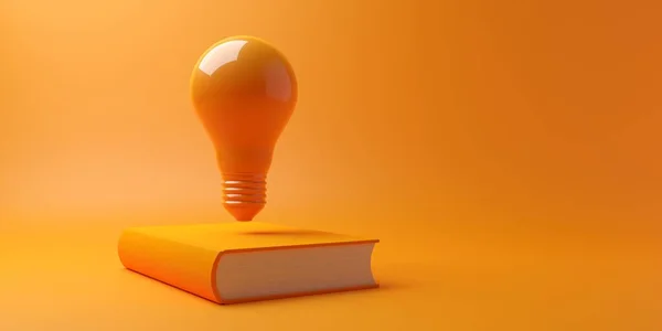 Oranje Gloeilamp Zwevend Boven Stapel Oranje Boeken Oranje Achtergrond Onderwijs — Stockfoto