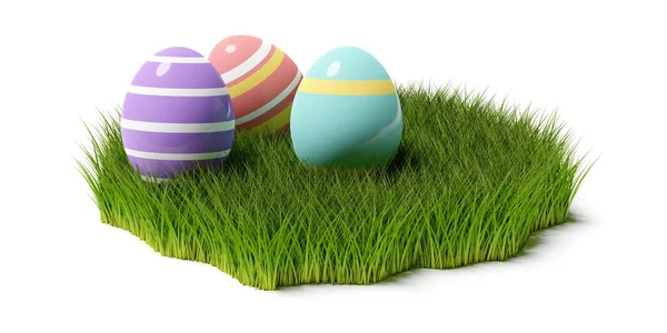 Irregular Patch Green Grass Eggs Isolated White Background Easter Greeting — Stock Photo, Image