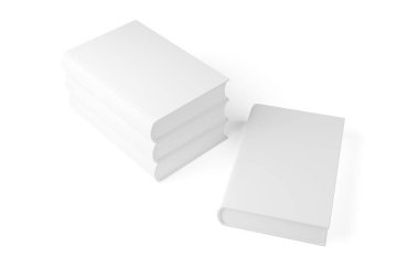 Bir tanesi ön şablonlarda döndürülmüş üç beyaz boş cilt kitabı yığını veya kopya alanı ile beyaz arkaplan üzerinde uzanan maketler, 3D illüstrasyon