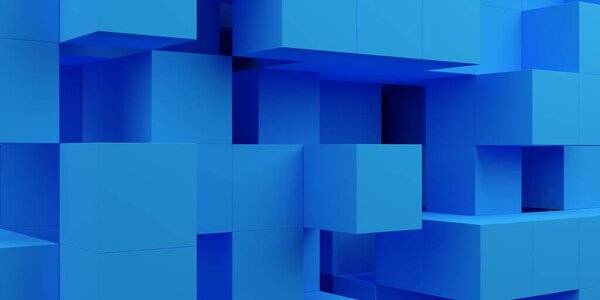 Blue random shifted abstract geometrical cube or boxes maze background, 3D illustration