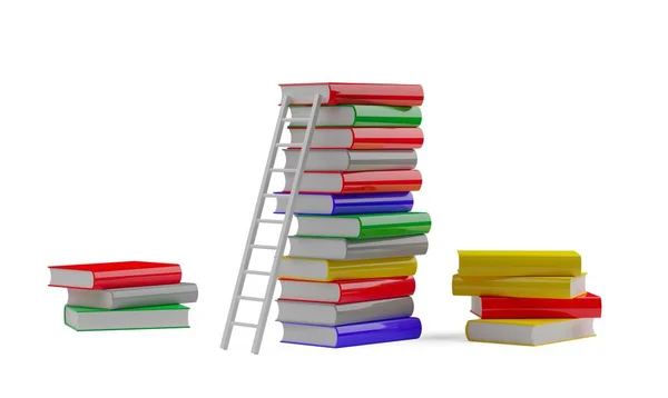 Meerdere Stapels Hardcover Boeken Met Ladder Naar Top Witte Achtergrond — Stockfoto