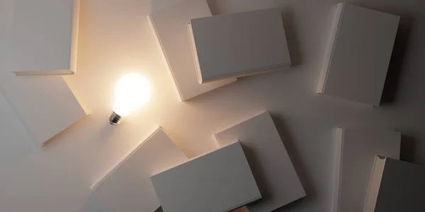 白い背景 知性またはアイデアの概念上に散在する白い本の間に敷設電球を光る 上から平らなレイトップビュー 3Dイラスト — ストック写真