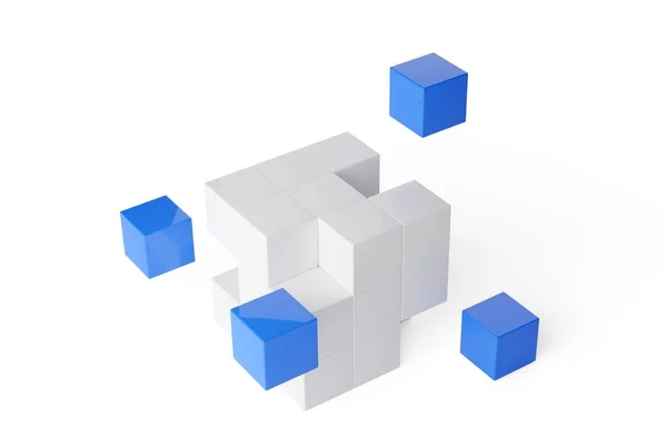 白い背景に隔離された白いキューブの箱からブルーキューブオフセット ビジネスパートナーシップ チームワークやソフトウェアモジュールのコンセプト 3Dイラスト — ストック写真