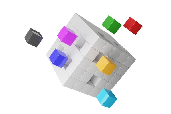 白い背景 ビジネスパートナーシップ チームワーク またはソフトウェアモジュールのコンセプト 3Dイラストに隔離されたキューブの箱から浮かぶ異なる色のキューブ — ストック写真