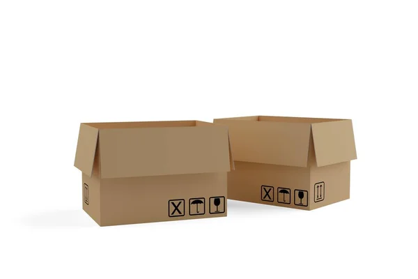 Two Empty Open Corrugated Cardboard Boxes Cardboxes White Background Delivery — Stock Photo, Image
