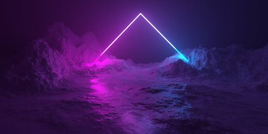 Pembe ve mavi neon ışıklı üçgen çerçeve ile dağ arazisi retro teknoloji ya da gelecekçi uzaylı arka plan şablonu, 3D illüstrasyon