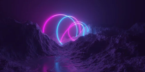 複数のピンクと青の輝くネオンラウンドサークルフレーム レトロな技術や未来的なエイリアンの背景テンプレート 3Dイラストと山の地形風景 — ストック写真