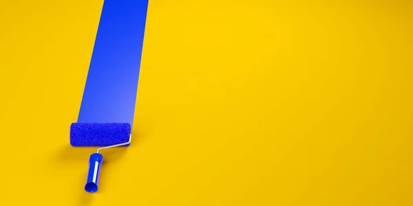Wałek Malowania Blue Kolorową Ścieżką Żółtym Tle Remont Domu Lub — Zdjęcie stockowe