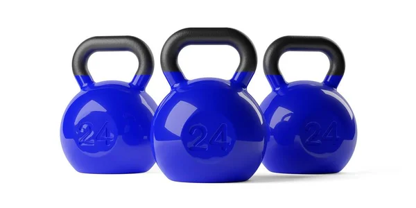 三个蓝黑相间的健身用壶盖在白色背景 肌肉运动 健美或健身的概念上 3D插图 — 图库照片